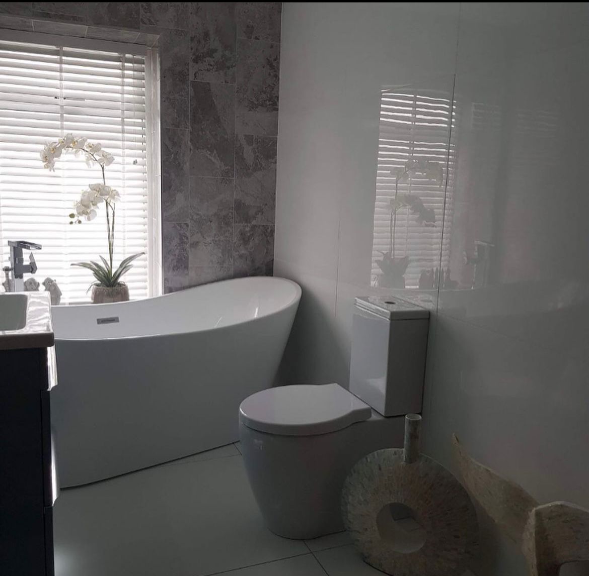 Luxury marble bathroom with freestanding bath