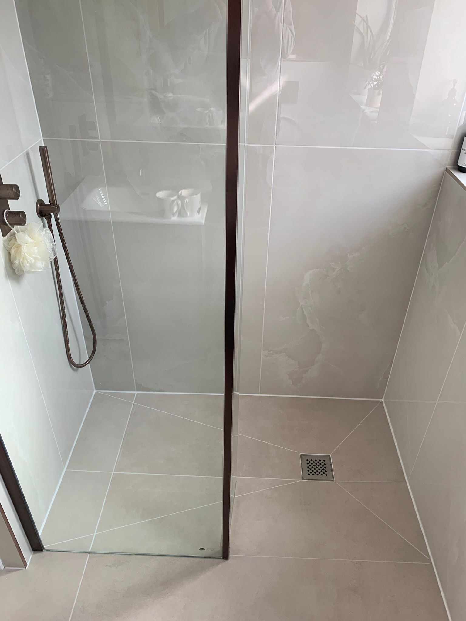 Walk-in shower with storage niche