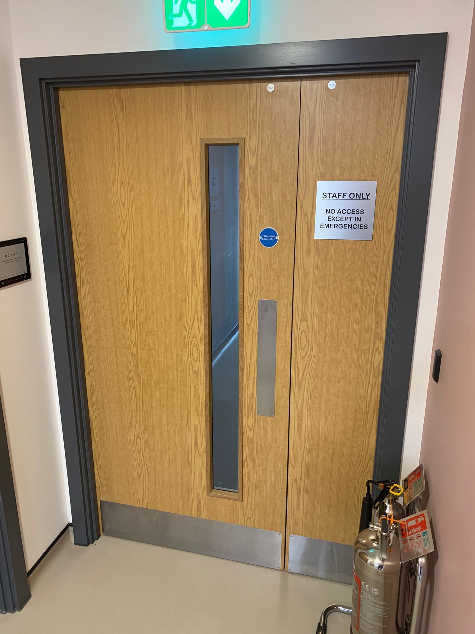 Oak fire exit doors with safety glazing